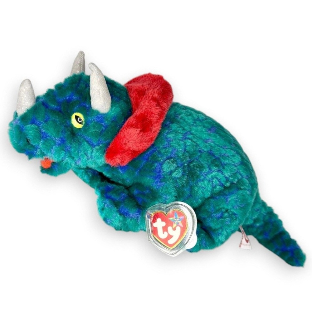 Hornsly the Triceratops | Blue Dino Defender | Mint Heart Tag TY Beanie Buddy